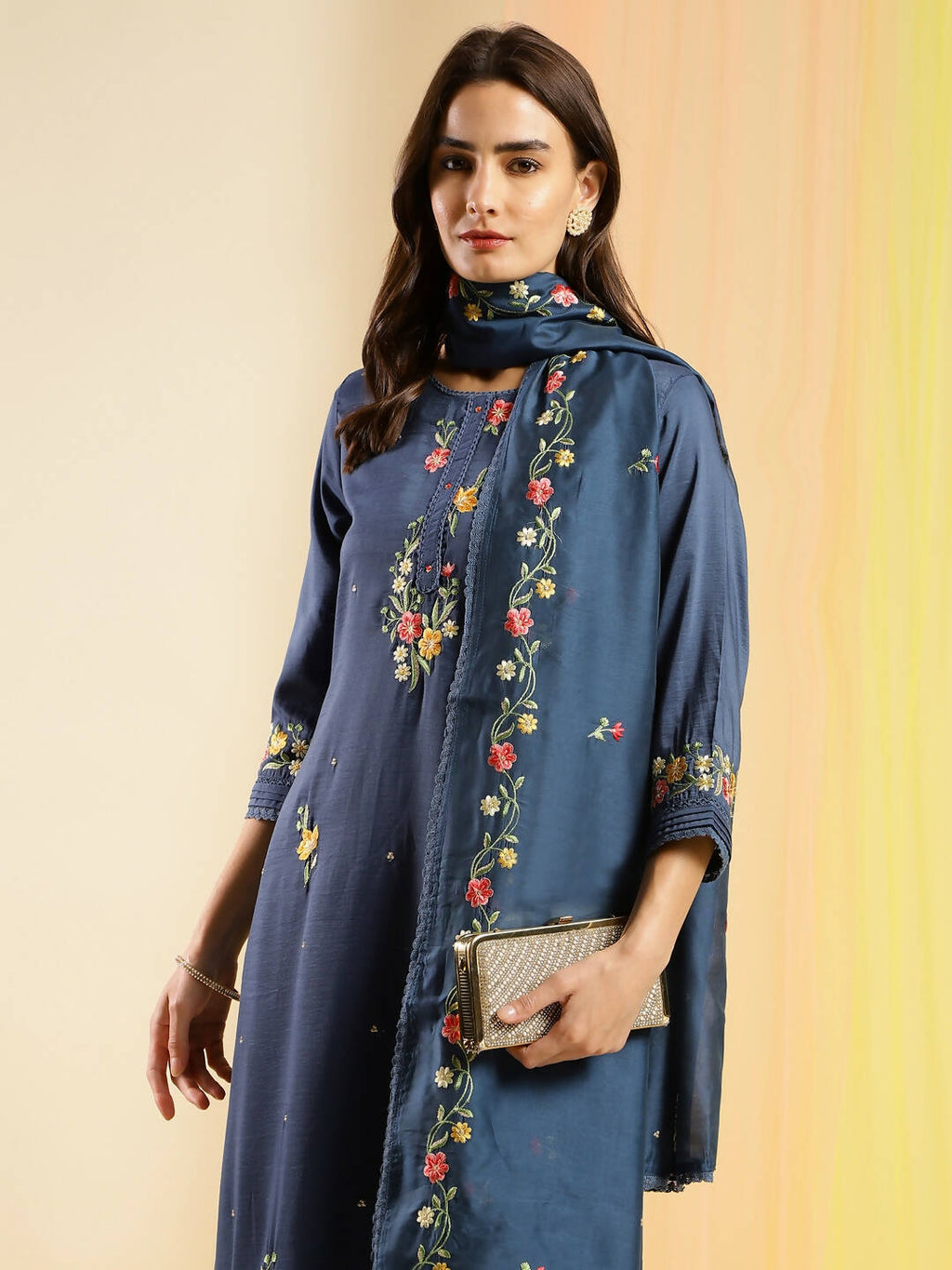 Blue Chinon Embroidered Straight Kurta with Trouser & Dupatta - Salimar | Grocsy