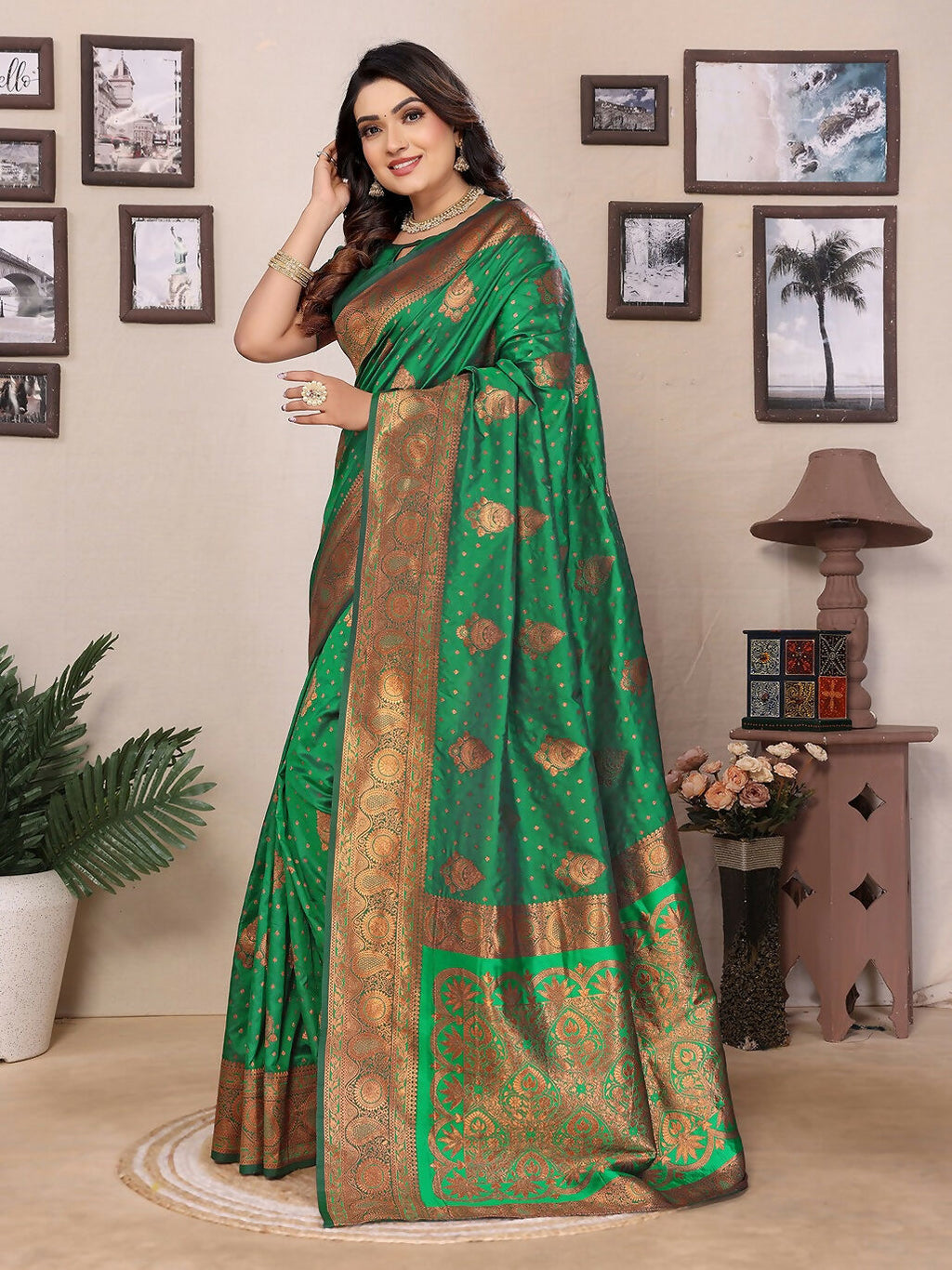 Joban Fashion Banarasi Green Woven Soft Silk Saree | Grocsy