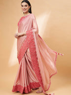 Light Pink Satin Georgette Laser Cut Floral Embroidery , Resham, Zari And Cord Embroidery Saree - Norita Hit Design | Grocsy
