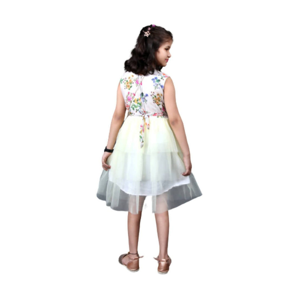 Akarshan Cotton Blend Floral Barbie Frock With Three Layered White Net - Cream & White | Grocsy