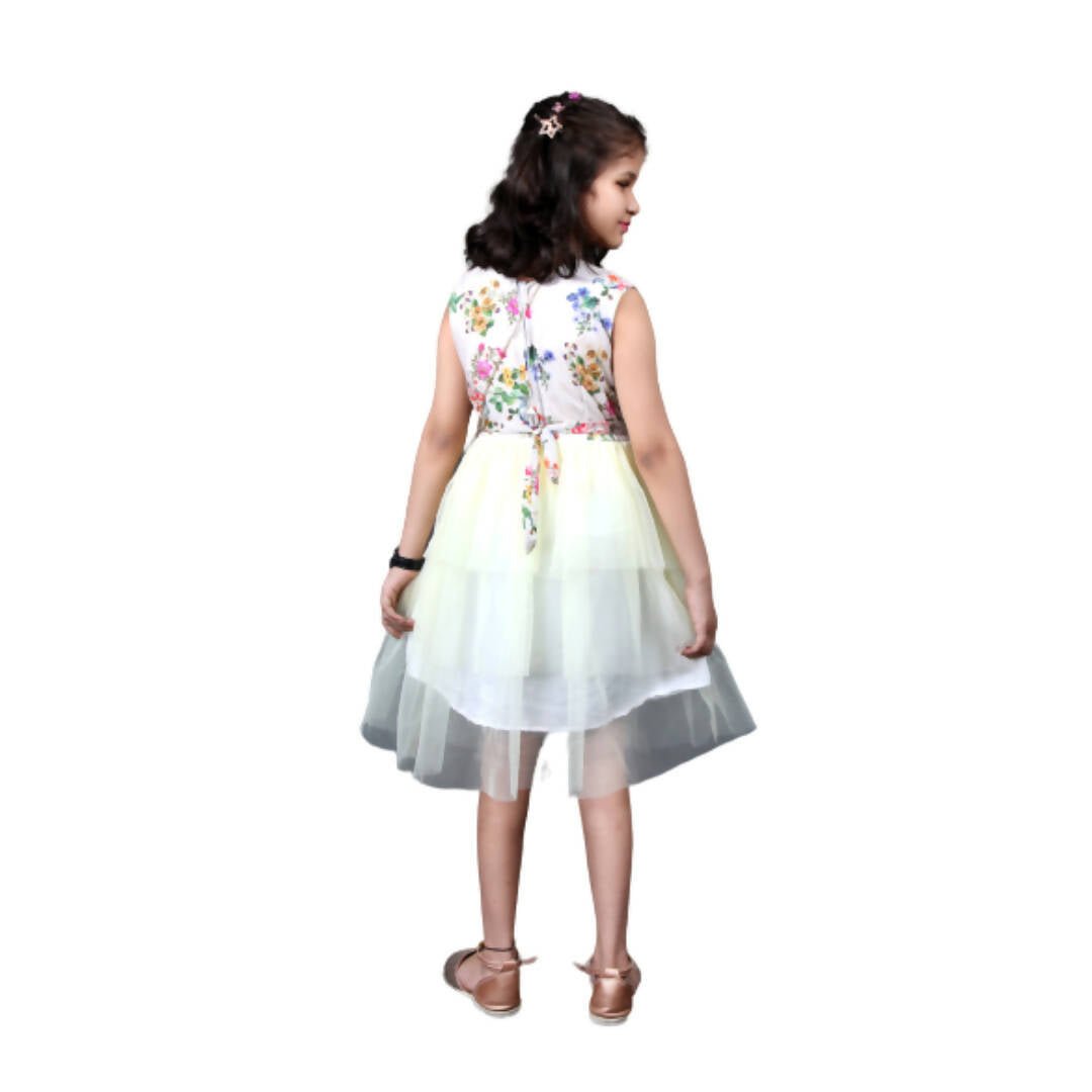 Akarshan Cotton Blend Floral Barbie Frock With Three Layered White Net - Cream & White | Grocsy