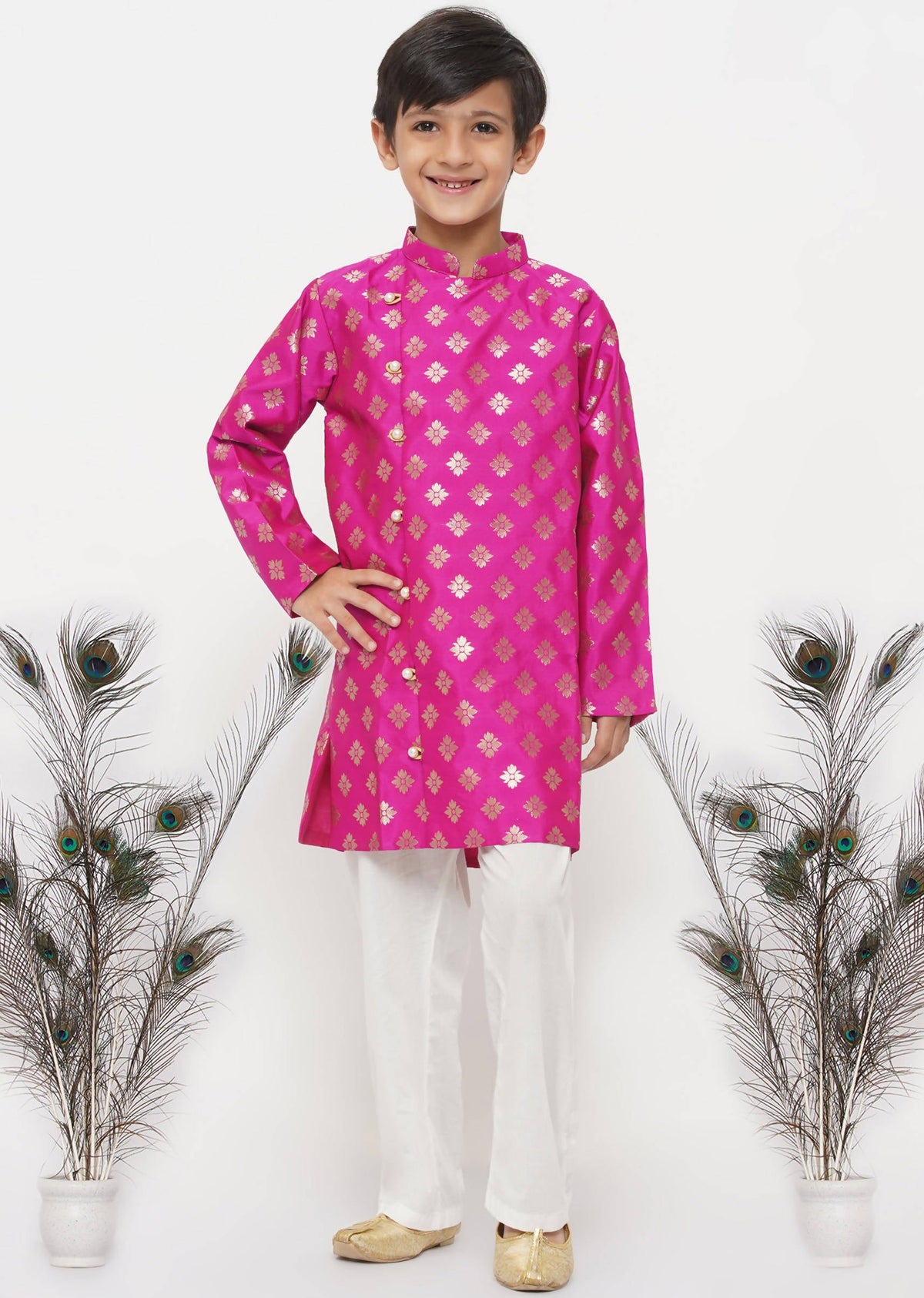 Little Bansi Boys Banarsi Silk Sherwani & Pyjama - Magenta & Cream | Grocsy