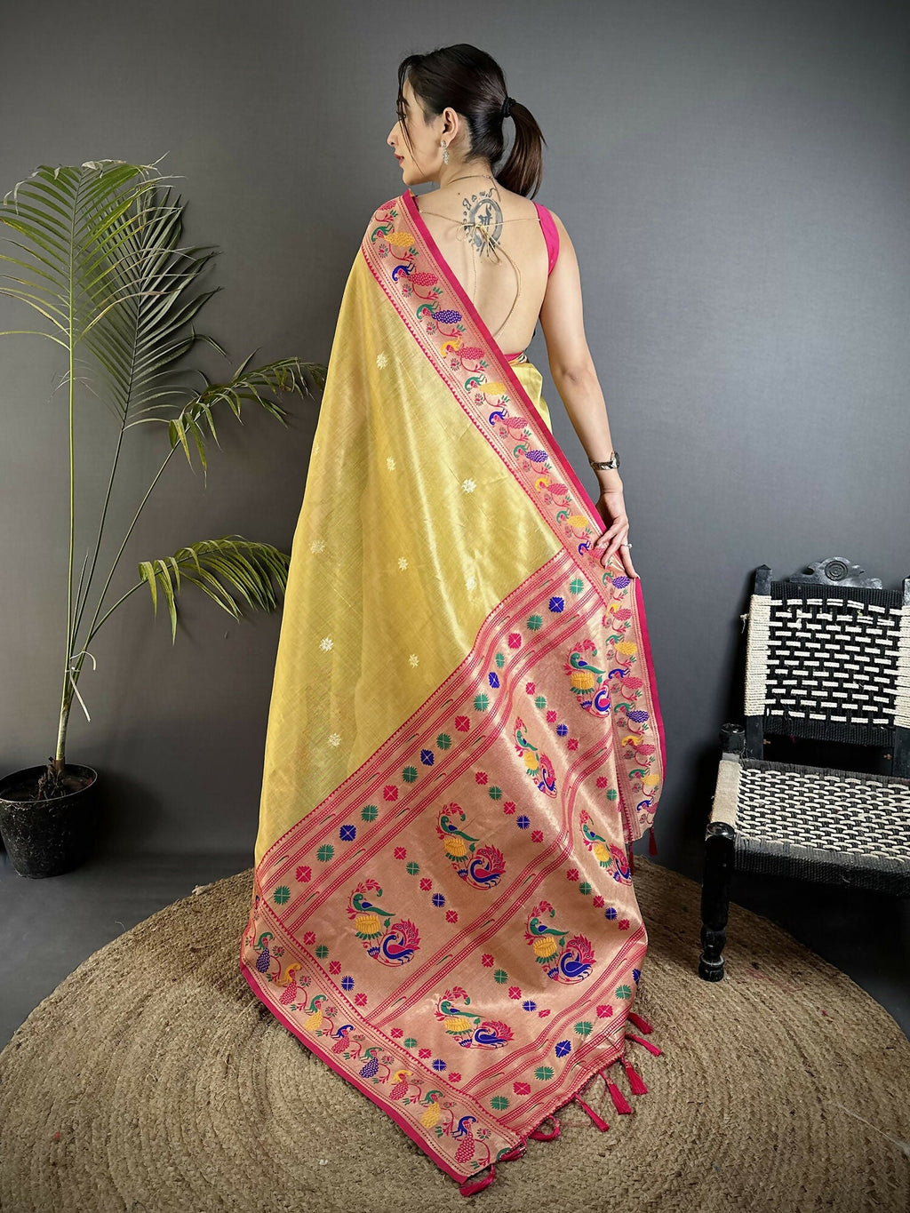 Joban Fashion Golden Yellow Zari Weaving Tissue Paithani Saree | Grocsy