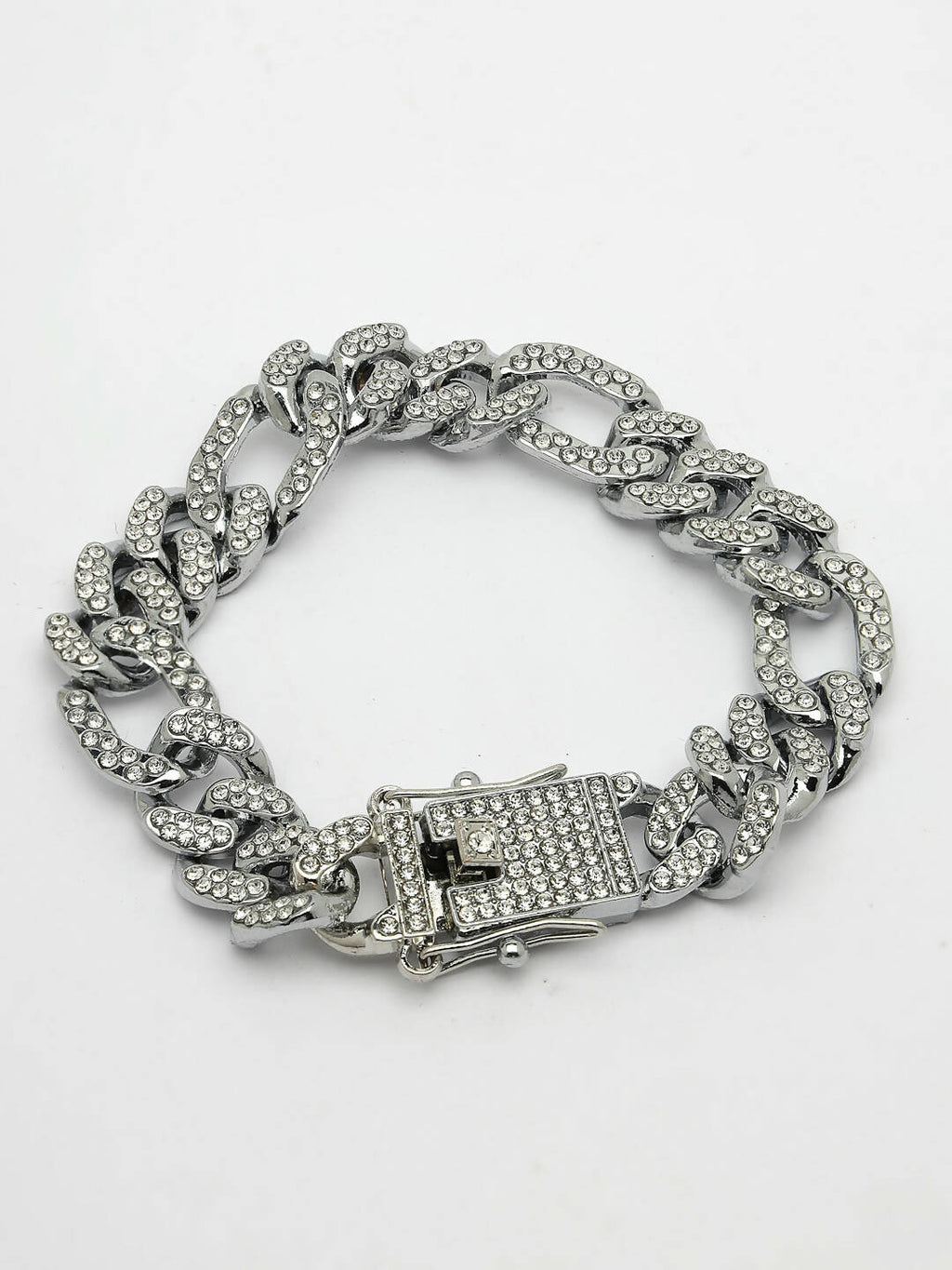 NVR Men Silver-Plated Stainless Steel American Diamond Studded Link Bracelet | Grocsy