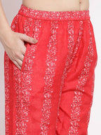 Myshka Women's Red Cotton Printed 3/4 Sleeve Round Neck Casual Kurta Pant Dupatta Set | Grocsy