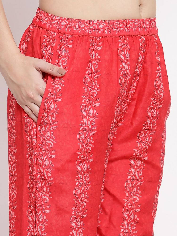 Myshka Women's Red Cotton Printed 3/4 Sleeve Round Neck Casual Kurta Pant Dupatta Set | Grocsy