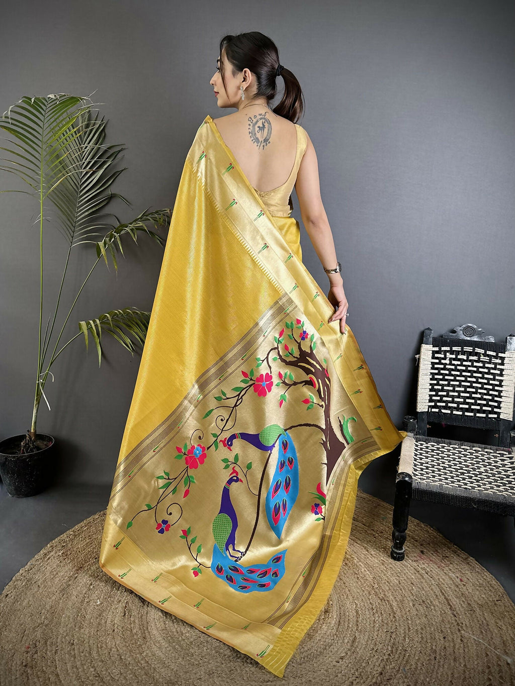 Joban Fashion Yellow Peacock & Floral Motifs Tissue Paithani Saree | Grocsy