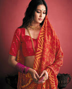 Red Georgette Brasso Floral Printed Saree With Unstitched Blouse Piece - Zyanya | Grocsy