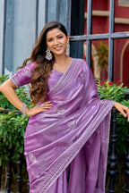 Vastranavya Lavender Embroidery Work Shimmer Chiffon Saree with Unstitched Blouse | Grocsy