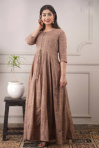 Partywear Designer Hand Screen and Foil Print Lightbrown Pure chanderi Gown - Anbazaar | Grocsy