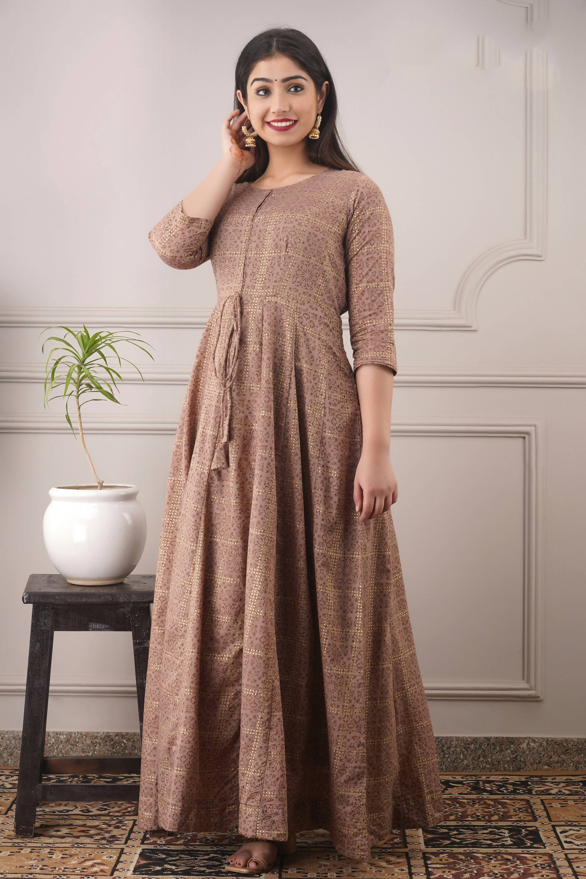 Partywear Designer Hand Screen and Foil Print Lightbrown Pure chanderi Gown - Anbazaar | Grocsy