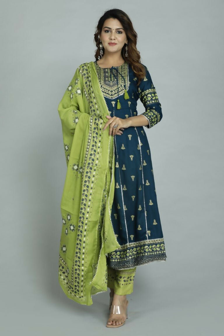 Alvano Women's Stylish Anarkali Kurti with Pant and Dupatta for Women and Girls (Teal) | Grocsy