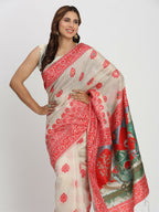 Shree Shyam Fashion Linen Cotton Cream & Red Saree | Grocsy