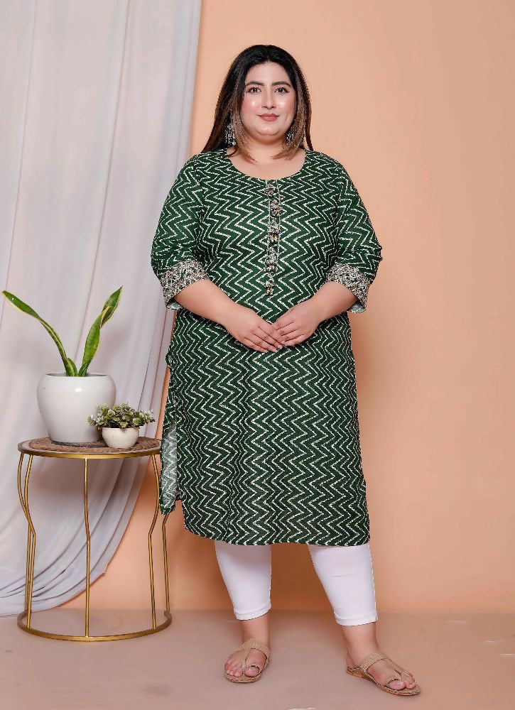 Miravan Womens Plus Size Green Zigzag Print Embroidery Rayon Straight Kurta | Grocsy