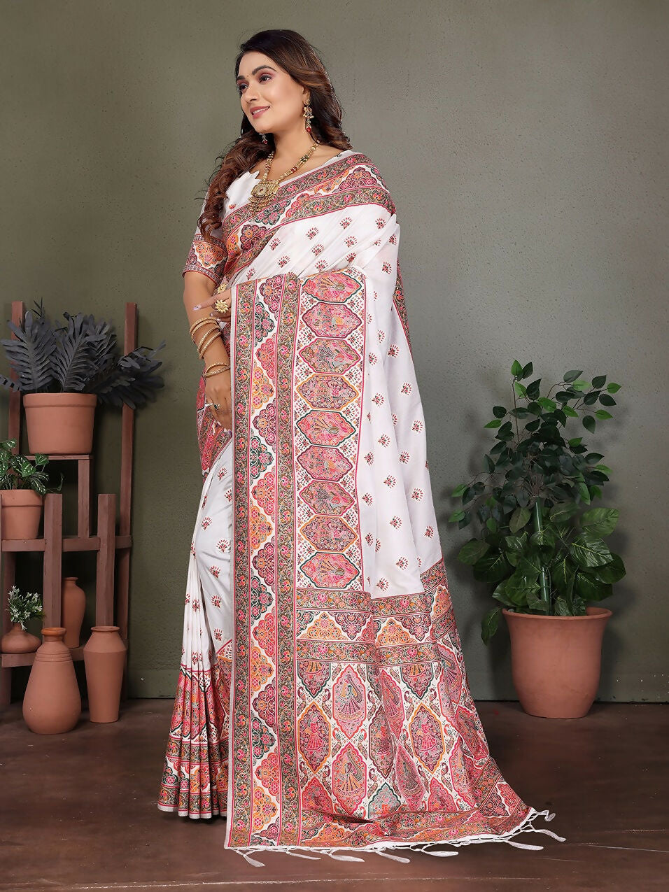 Joban Fashion White Thread Woven Pashmina Sarees | Grocsy