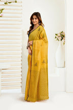 Vastranavya Mustard Digital Printed Linen Ready To Wear Designer Saree with Unstitched Blouse | Grocsy