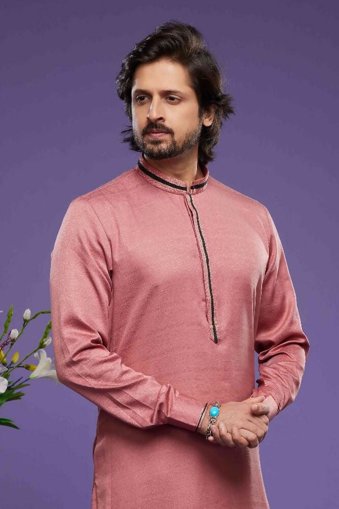 Raivat Ethnic Art Banarasi Silk Thread Work Kurta Pajama In Pink Colour | Grocsy