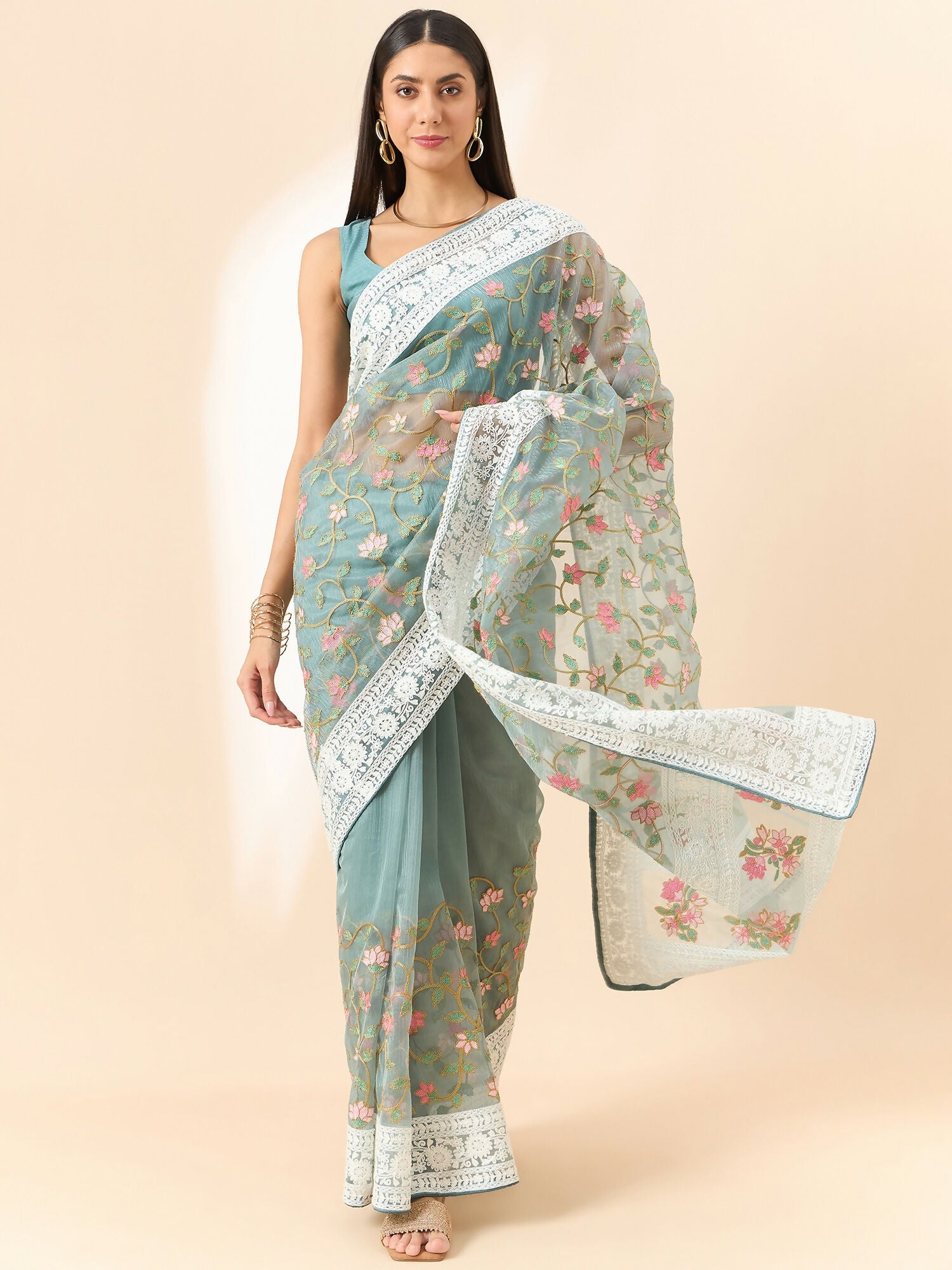 Blue Organza Floral Embroidered Saree with Unstitched Blouse Piece - Roozal | Grocsy