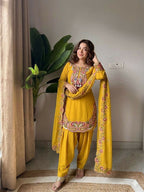Teeya Creation New Women's Elegant Yellow Straight Cut Suit with Heavy Neckline Embroidery | Grocsy