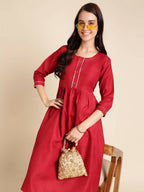 Red Poly Cotton Solid Nayra Cut Kurta - Tirtha | Grocsy