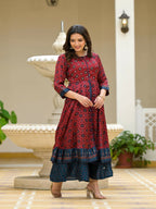 Juniper Women's Red Ethnic Motif Printed Cotton Maxi Dress With Button | Grocsy