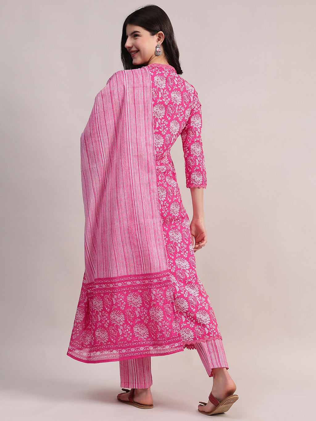 Aavyora Women's Pink Floral Print Cotton A-Line Kurta with Striped Trouser & Dupatta | Grocsy