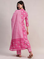 Aavyora Women's Pink Floral Print Cotton A-Line Kurta with Striped Trouser & Dupatta | Grocsy
