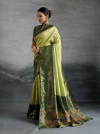 PR Fashion Green Kanjivaram Soft Silk Kadiyal Pattern Double Zari Woven Patta, Meenakari Woven Pallu Saree | Grocsy