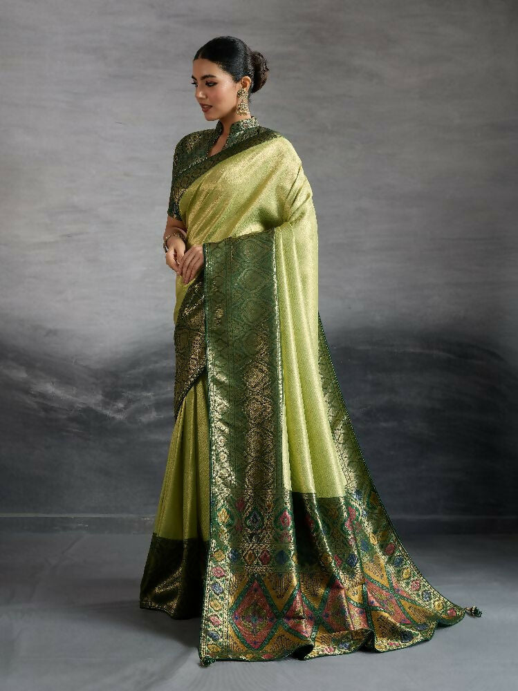 PR Fashion Green Kanjivaram Soft Silk Kadiyal Pattern Double Zari Woven Patta, Meenakari Woven Pallu Saree | Grocsy