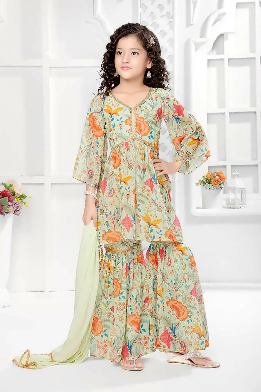 Kids Functional Designer Pista Green Digital Flower Print On Georgette Shrara Suit - Aaradhna | Grocsy