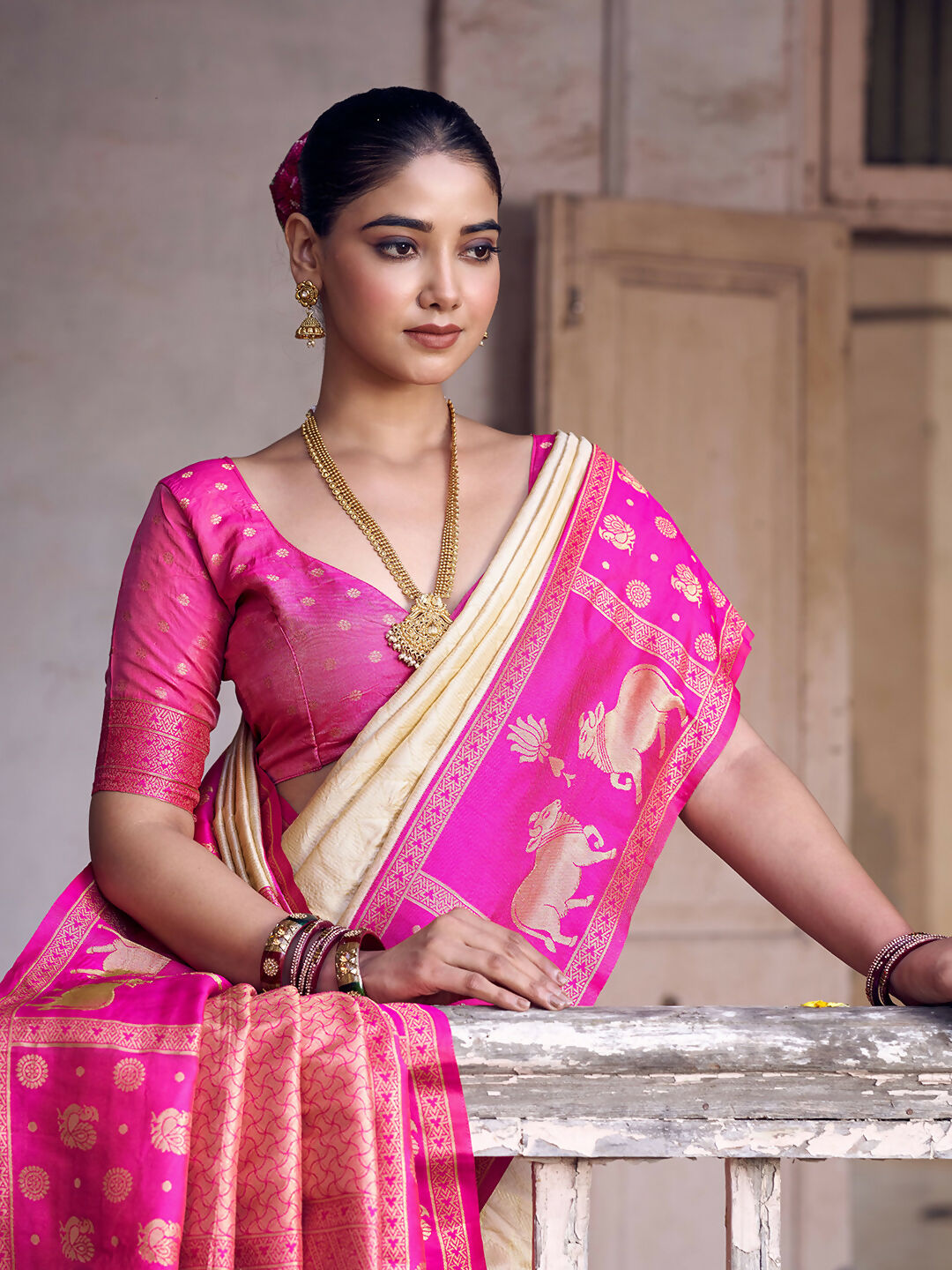 Shree Shyam Fashion Cream Soft Silk Saree | Grocsy
