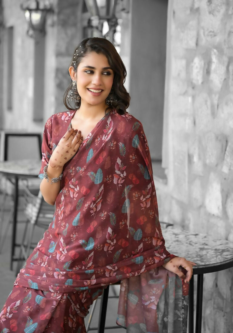 stylish Casual Brown Imported georgette Ready to Wear Fancy Saree - Ashwini | Grocsy