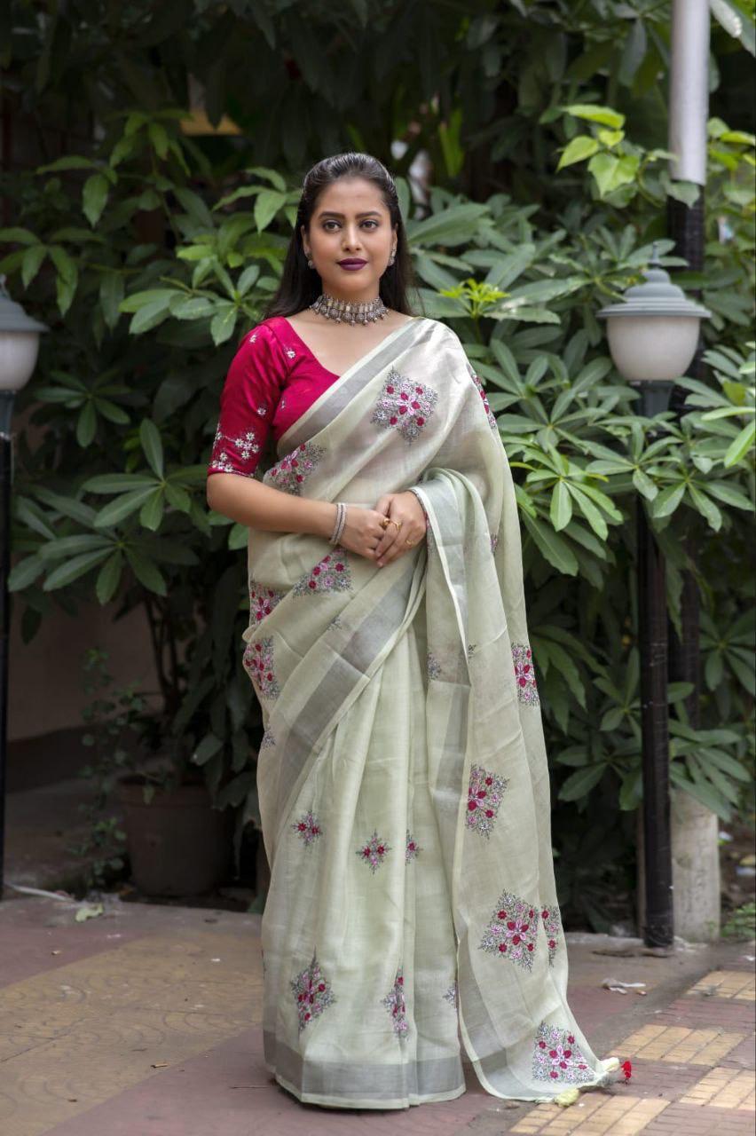 Green Pure Linen Ethnic Motifs Saree with Unstitched Blouse - A2M | Grocsy