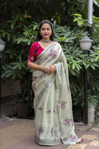 Green Pure Linen Ethnic Motifs Saree with Unstitched Blouse - A2M | Grocsy