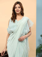 Light Blue Lycra Solid Ready to Wear Saree with stitched Blouse - Nita | Grocsy