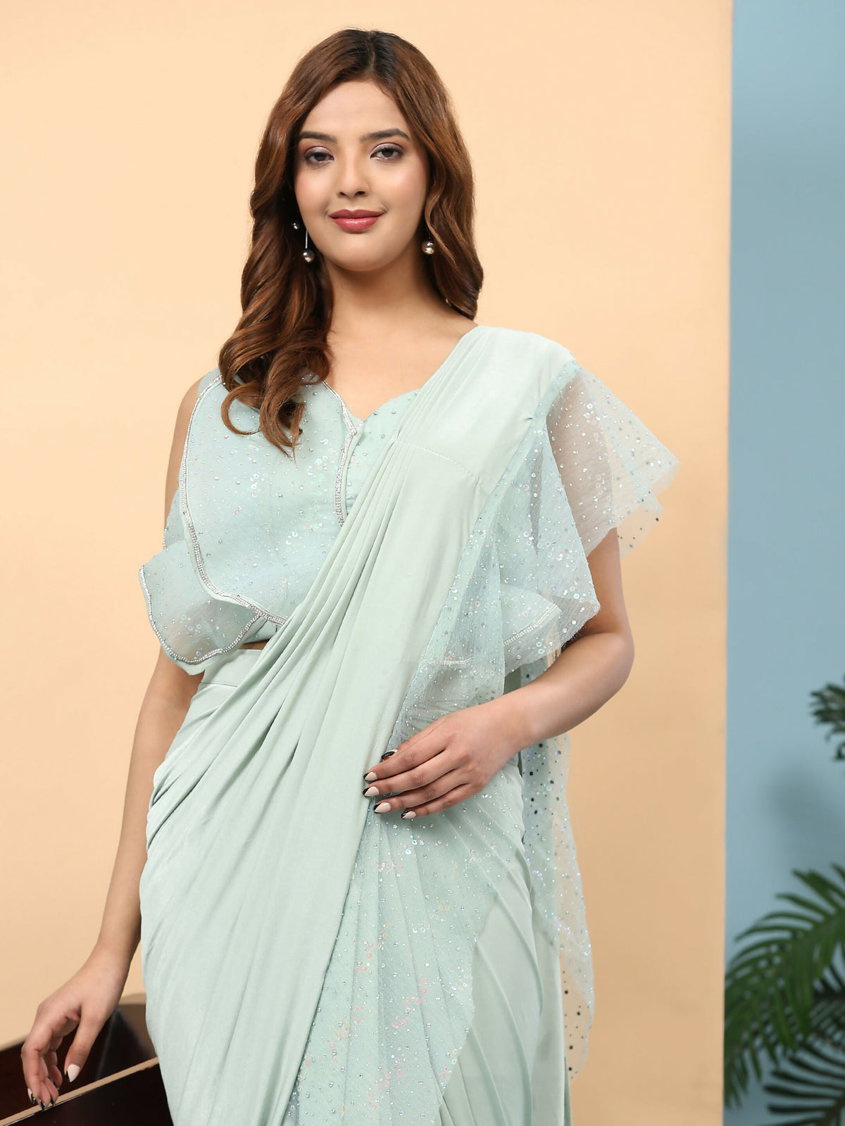 Light Blue Lycra Solid Ready to Wear Saree with stitched Blouse - Nita | Grocsy