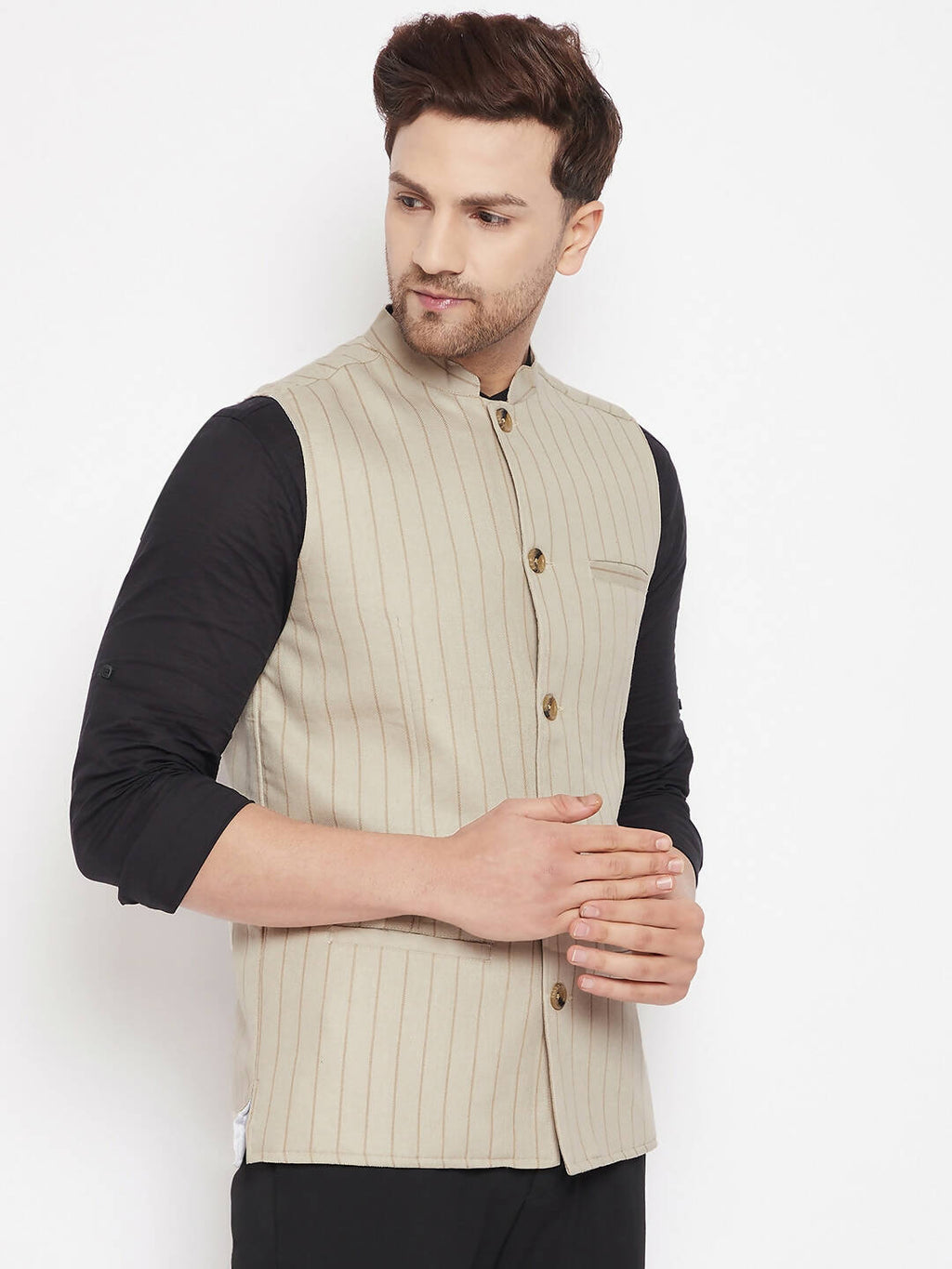 Even Apparels Beige Linen Blend Men Woven Nehru Jacket | Grocsy