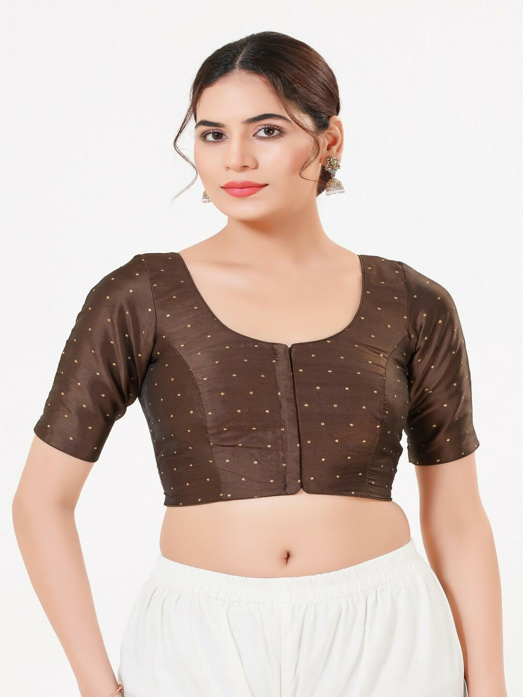 Joban Fashion Brown Taffeta Silk Elbow Sleeveless Front Open Blouse | Grocsy