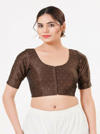 Joban Fashion Brown Taffeta Silk Elbow Sleeveless Front Open Blouse | Grocsy