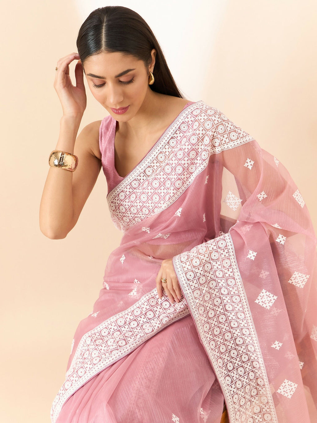 Pink Organza Geometric Embroidered Saree with Unstitched Blouse Piece - Roozal | Grocsy