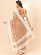 Peach Organza Floral Embroidered Saree with Unstitched Blouse Piece - Roozal | Grocsy