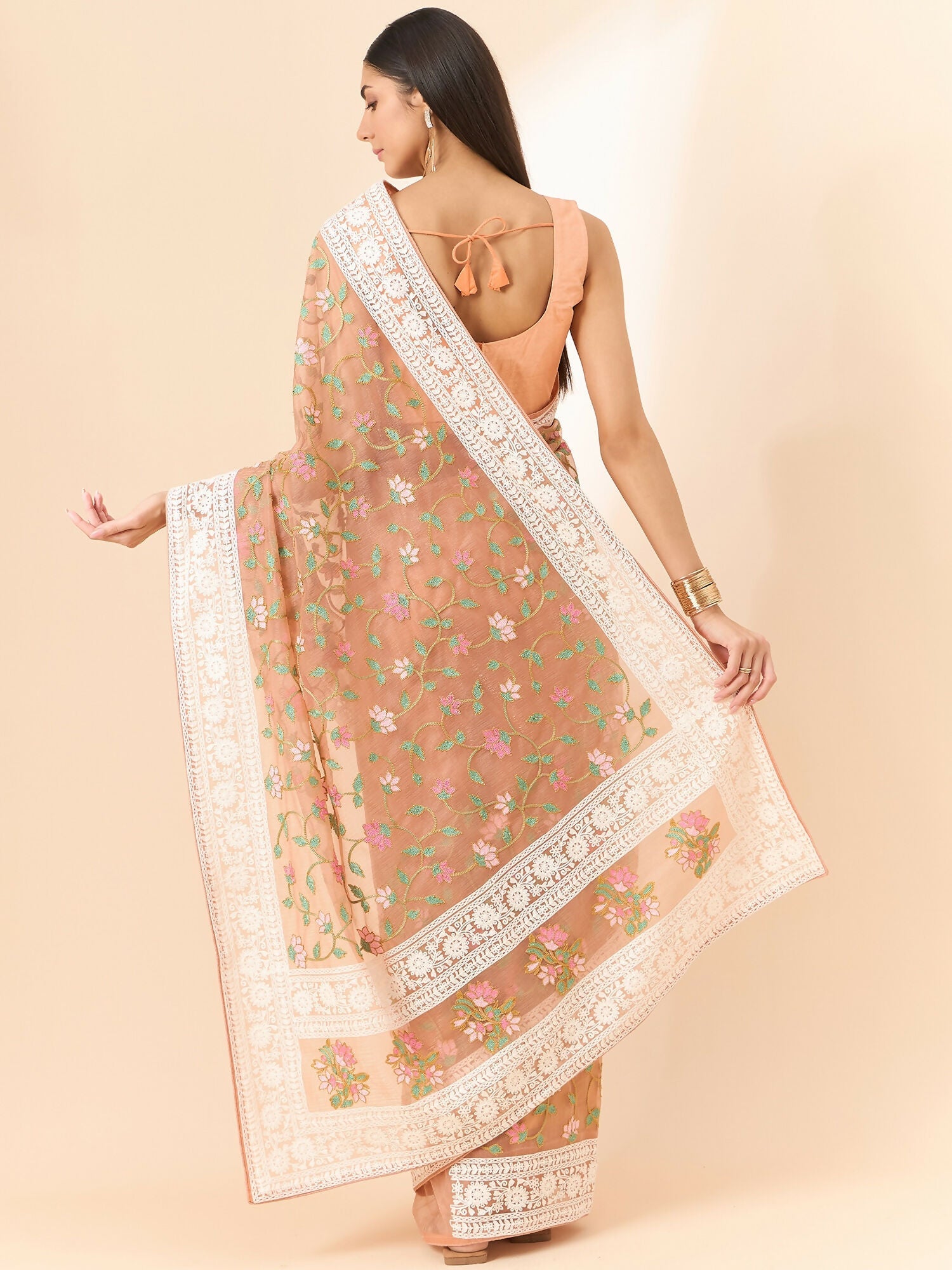 Peach Organza Floral Embroidered Saree with Unstitched Blouse Piece - Roozal | Grocsy