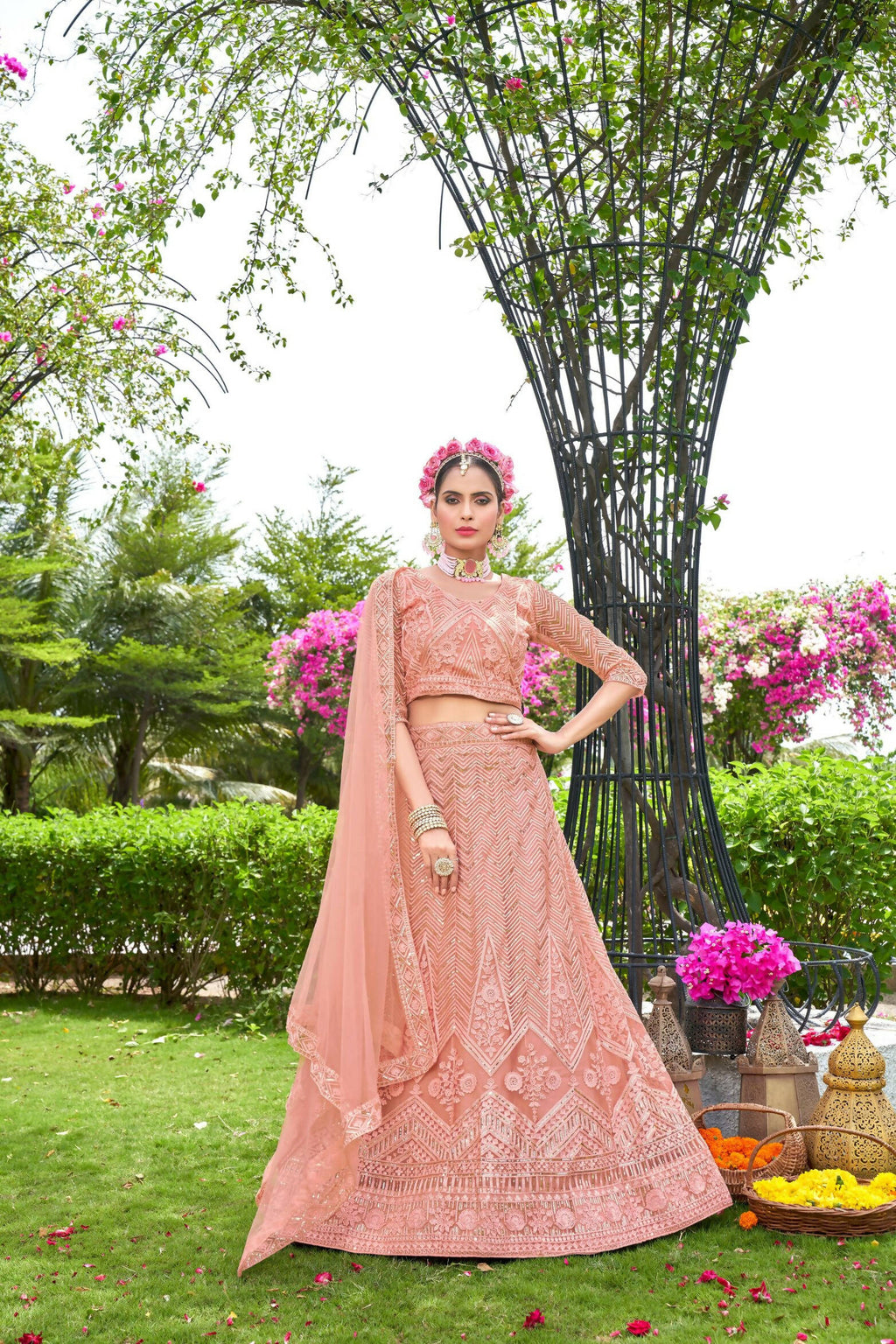 Peach Net Embroidered Semi Stitched Lehenga Choli with Dupatta - Bhagya | Grocsy
