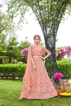 Peach Net Embroidered Semi Stitched Lehenga Choli with Dupatta - Bhagya | Grocsy