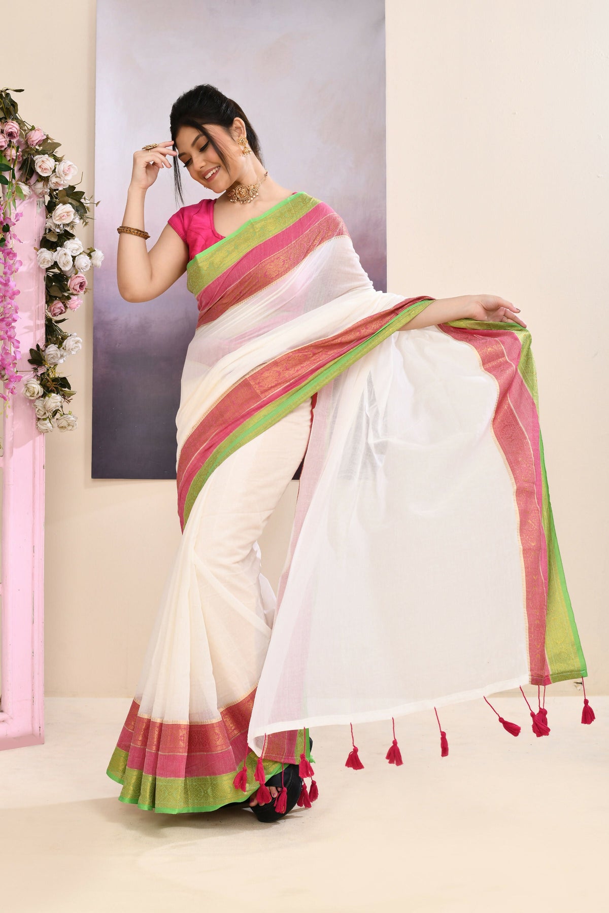 Piyari Fashion Women's Off White Embellished Zari Border Cotton Saree | Grocsy