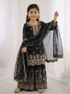 Teeya Creation Girls Heavy Embroidery Black Ethnic Kurta And Palazzo Set With Net Dupatta | Grocsy