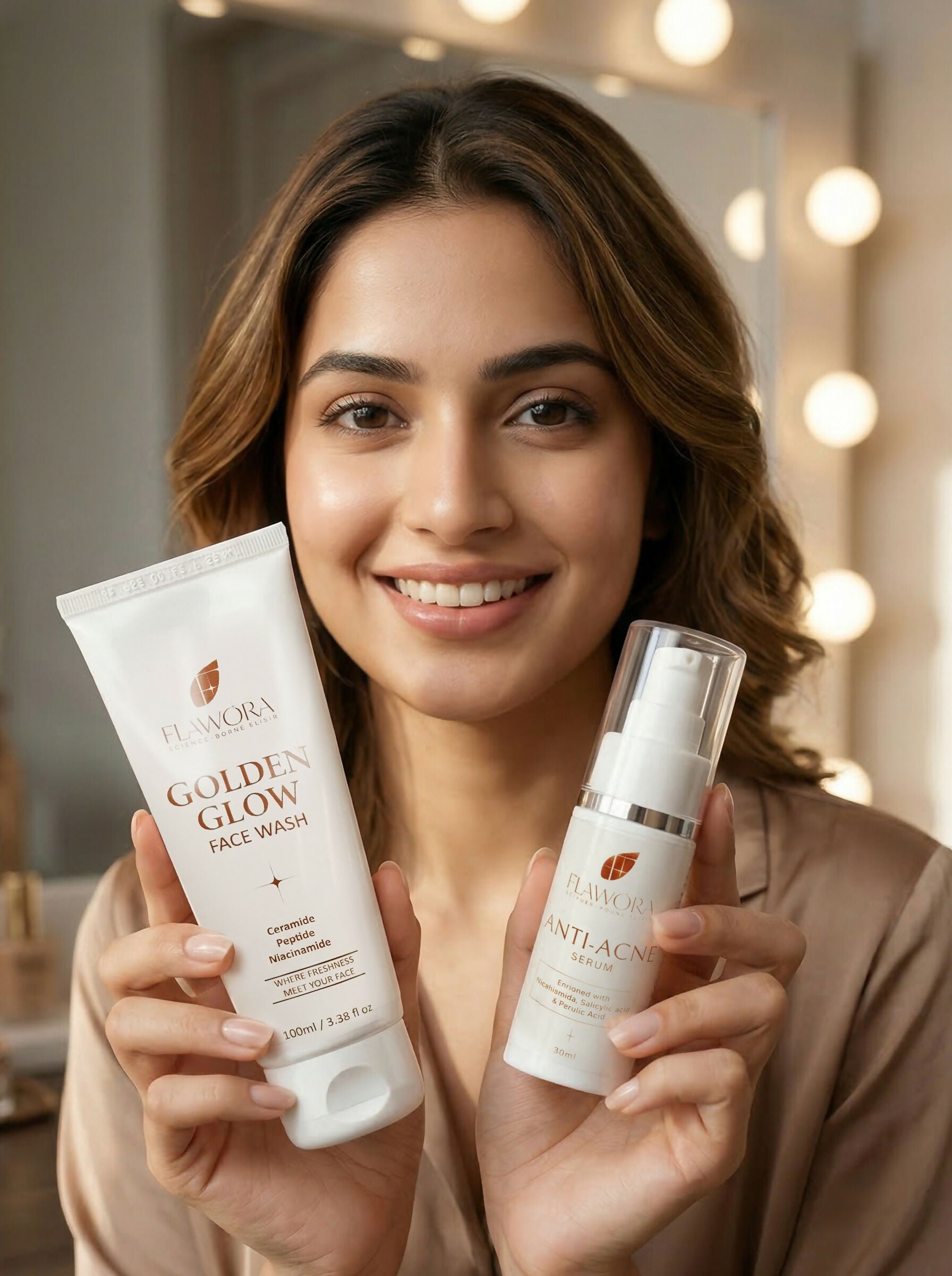 Flawora Set of Golden Glow Face Wash and Anti Acne Serum | Grocsy