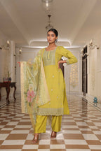 Jyoti Fashion Women's Light Yellow Cotton Silk Floral Print with Embroidered Kurta Set | Grocsy