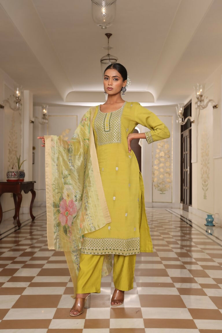 Jyoti Fashion Women's Light Yellow Cotton Silk Floral Print with Embroidered Kurta Set | Grocsy