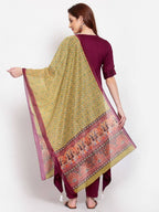 Myshka Women's Burgandy Solid Cotton Half Sleeve V Neck Casual Kurta Pant Dupatta Set | Grocsy